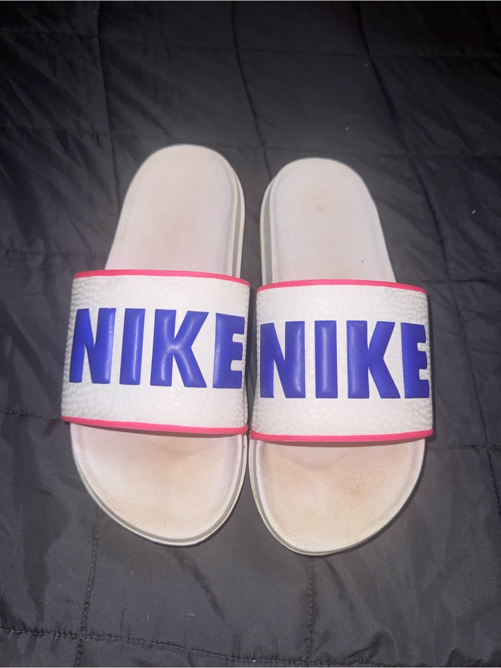 Nike White Slides with Blue Logo and Pink Accents